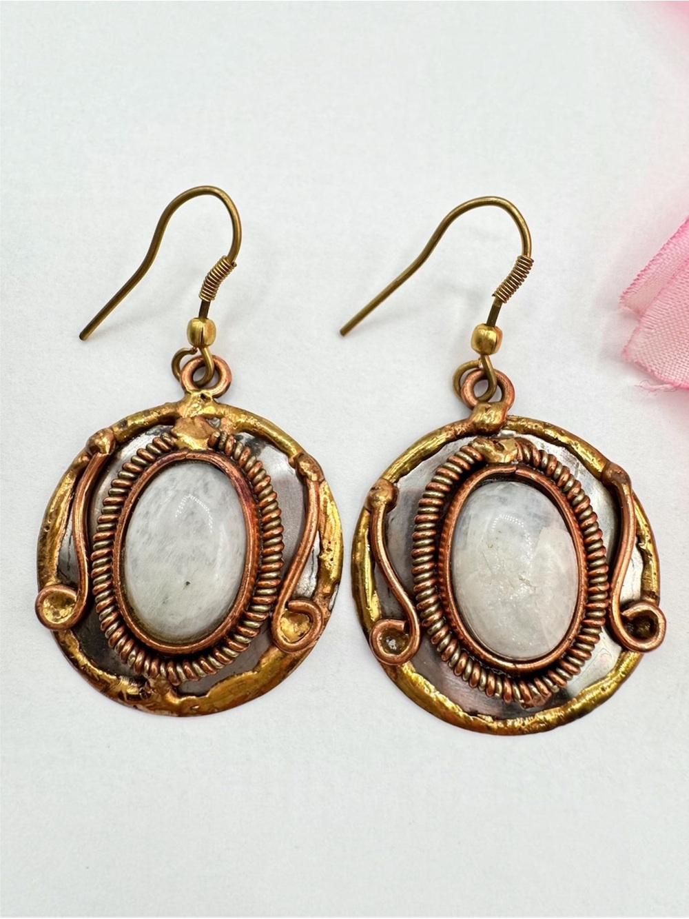 Artisan Mixed Metal Moonstone Earrings Brutalist Medieval Style Goblincore